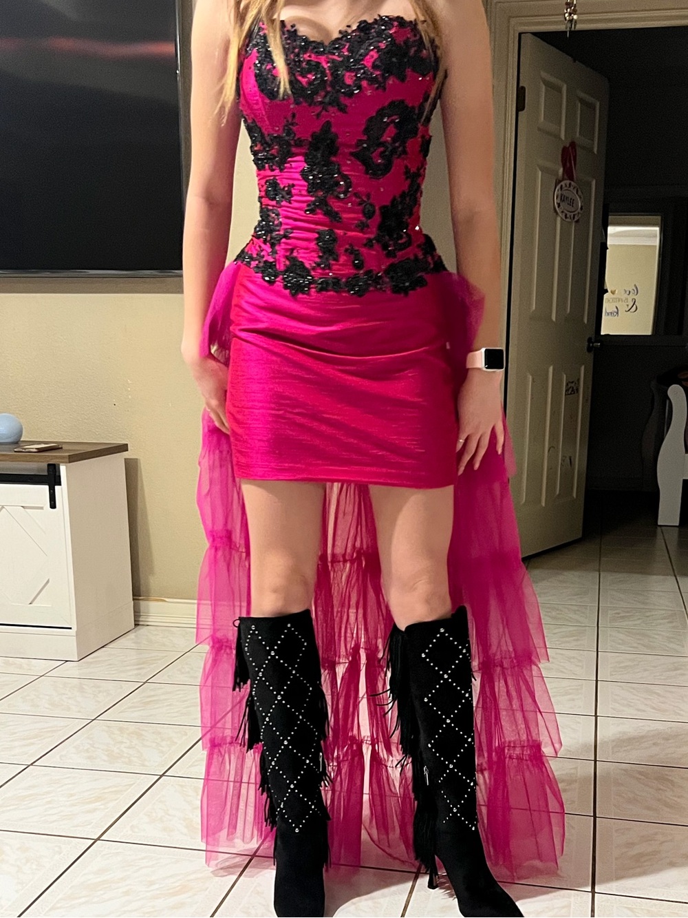 Fuchsia Strapless High-Low Party Dress with Black Lace Appliqué